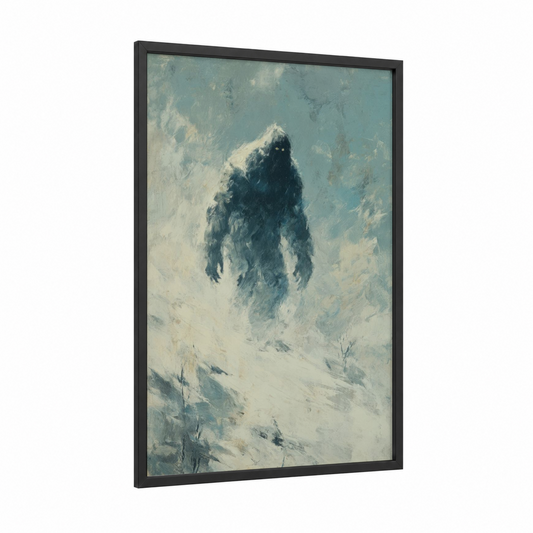 Snowy Yeti framed art print — black wood frame — blue and white and gray palette