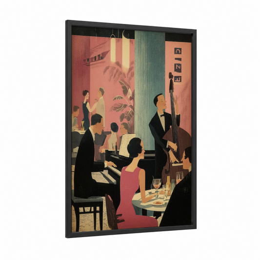 Vintage Jazz Evening framed vintage japanese ads print — black wood frame — salmon pink and sage green palette
