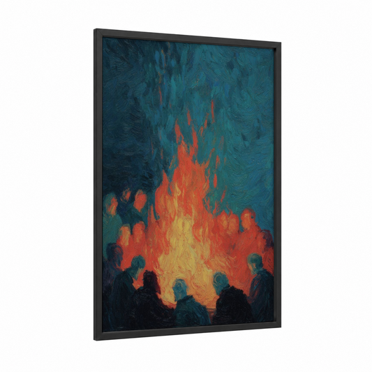 Pentecost Fire framed art print — black wood frame — orange and teal palette
