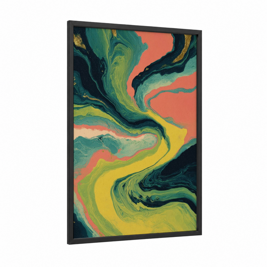 Fluid Capoeira framed art print — black wood frame — teal and yellow palette