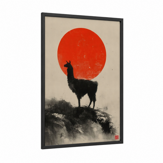 Crimson Summit Llama framed art print — black wood frame — red and black and white palette