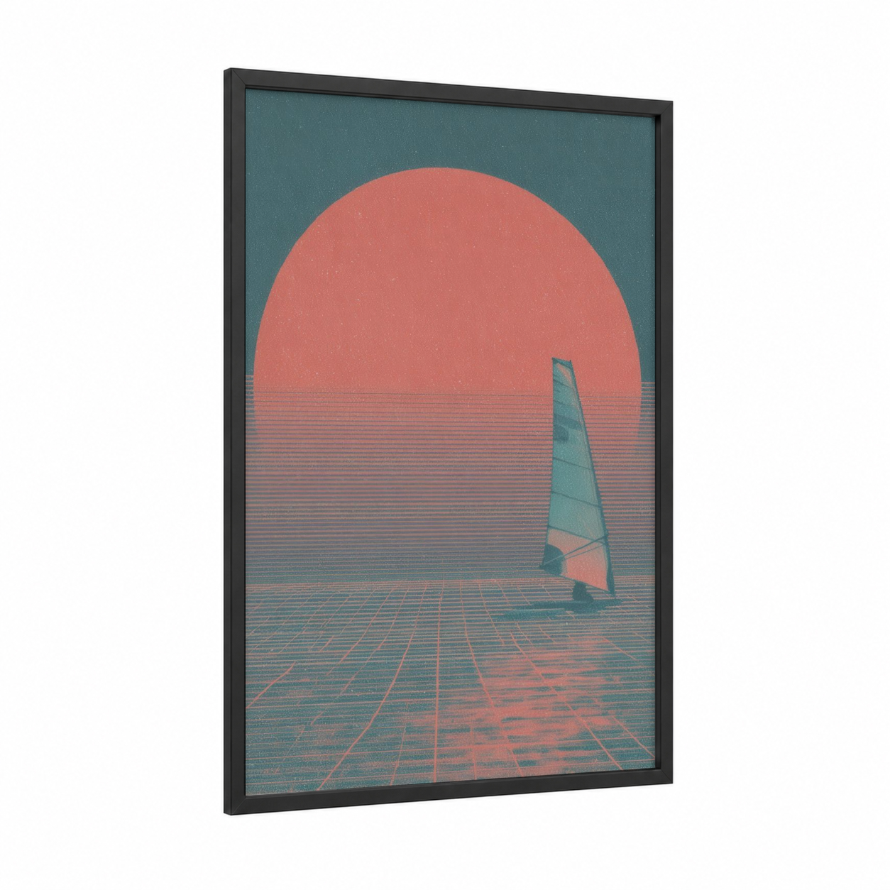 Sunset Windsurfing framed art print — black wood frame — teal and salmon pink palette