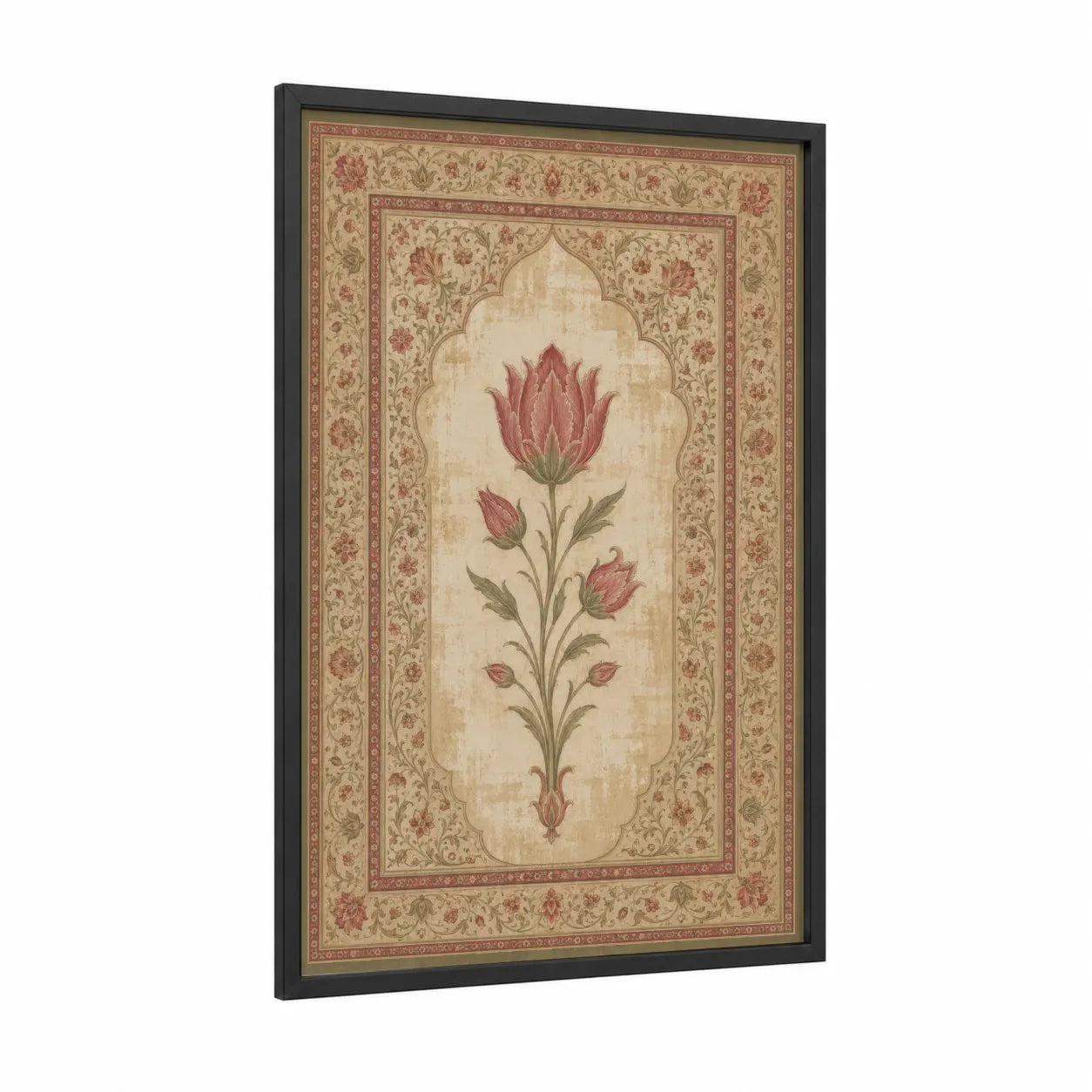 Persian Tulip Floral Wall Art framed art print — black wood frame — beige and rose gold palette