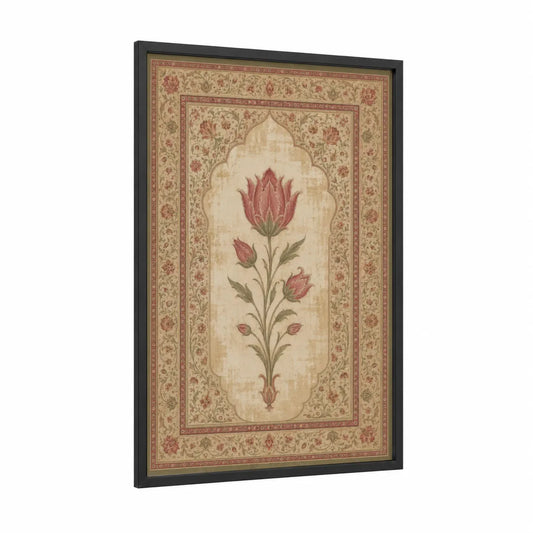 Persian Tulip Floral Wall Art framed art print — black wood frame — beige and rose gold palette