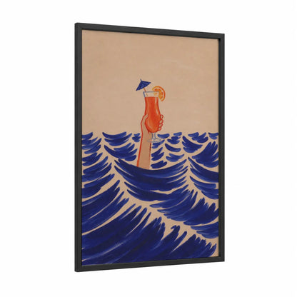 Tropical Cocktail Ocean Waves Wall Art framed art print — black wood frame — blue and orange palette