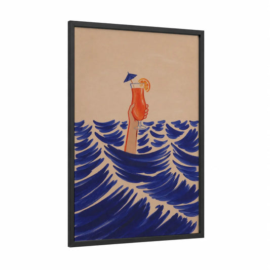 Tropical Cocktail Ocean Waves Wall Art framed art print — black wood frame — blue and orange palette