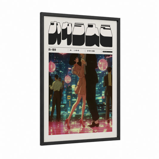 Neon City Night framed anime and manga print — black wood frame — magenta and teal palette
