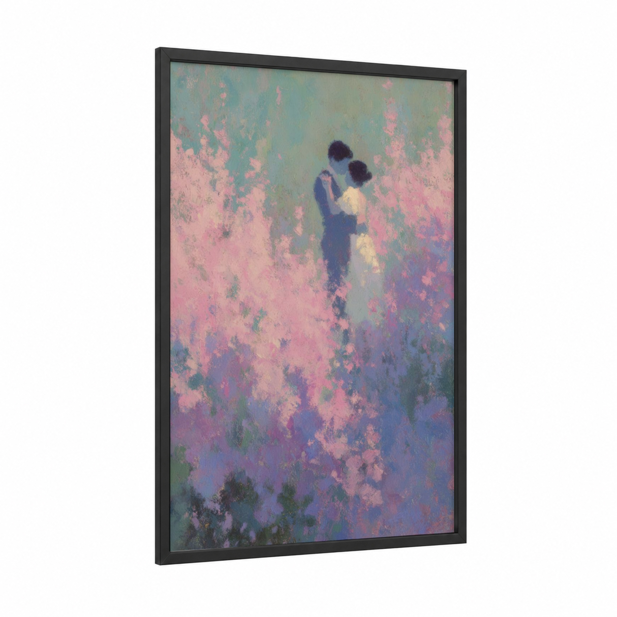 Blooming Romance framed groom and bride print — black wood frame — pink and lavender palette