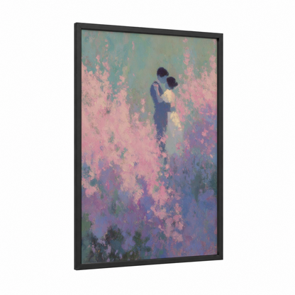 Blooming Romance framed groom and bride print — black wood frame — pink and lavender palette