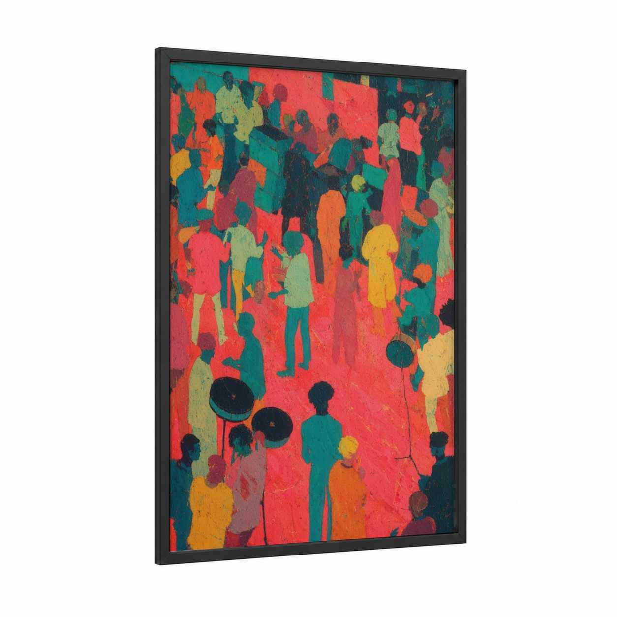 Vibrant Funk Collective framed art print — black wood frame — red and teal palette