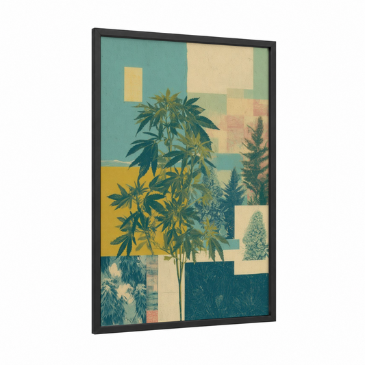 Botanical Leaf Garden framed marijuana print — black wood frame — teal and cream palette