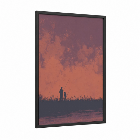 Sunset Fishing framed art print — black wood frame — salmon pink and maroon palette
