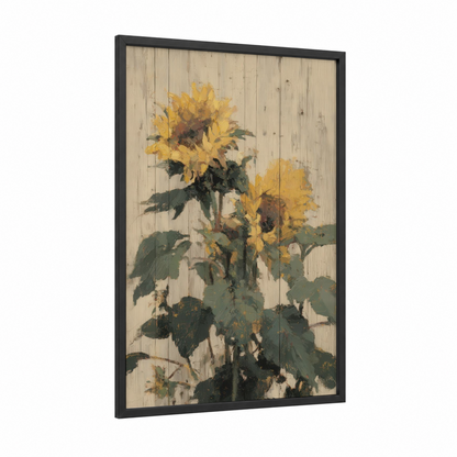 Golden Sunflower Rustic framed art print — black wood frame — yellow gold and dark green palette