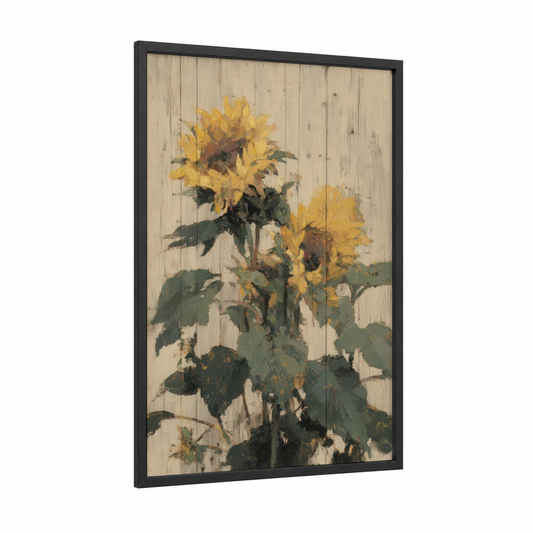 Golden Sunflower Rustic framed art print — black wood frame — yellow gold and dark green palette