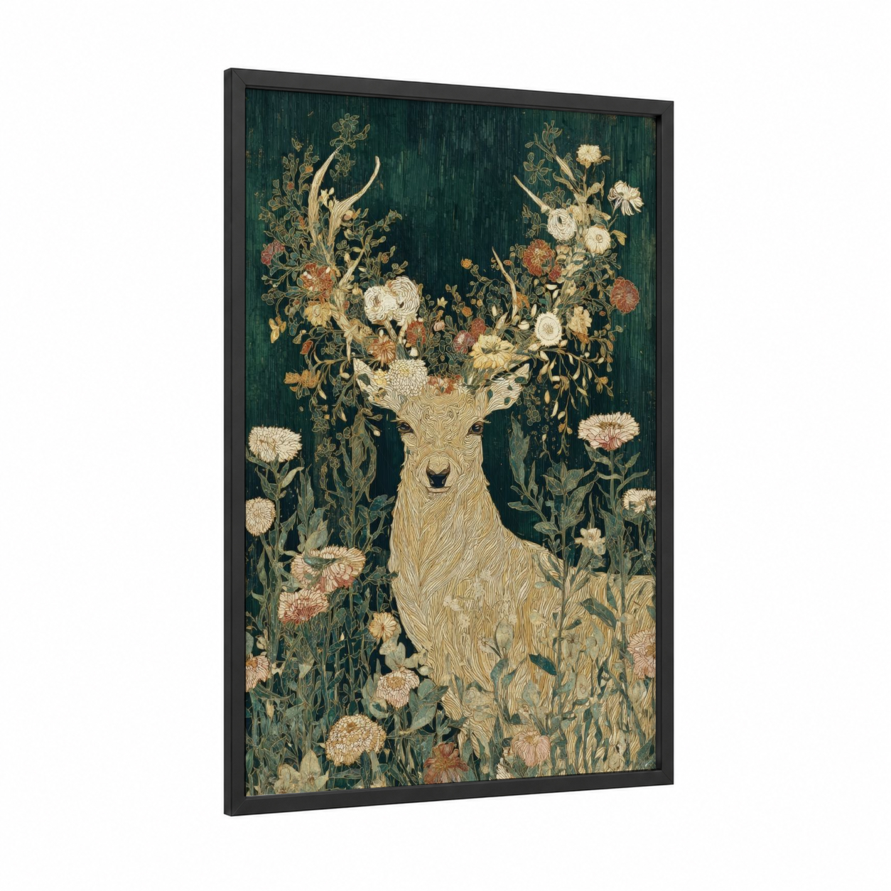 Floral Reindeer framed art print — black wood frame — dark green and gold palette