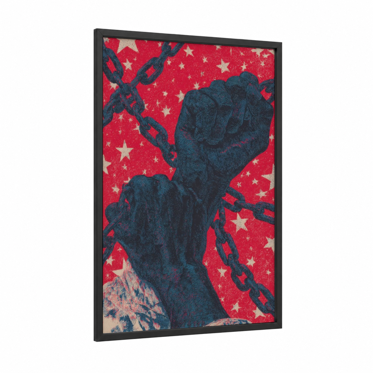 Broken Chains Juneteenth framed art print — black wood frame — red and gold palette