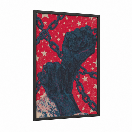 Broken Chains Juneteenth framed art print — black wood frame — red and gold palette
