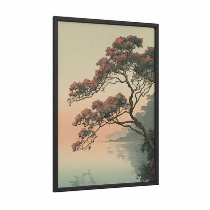Waterside Arbutus framed arbutus tree print — black wood frame — cream and sage green palette