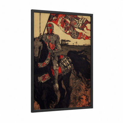 Medieval Knight Friesian framed friesian horse print — black wood frame — red and black and gold palette