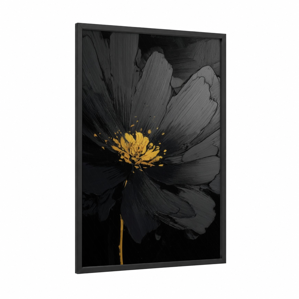 Golden Cosmos framed abstract flower print — black wood frame — black and white and gold palette