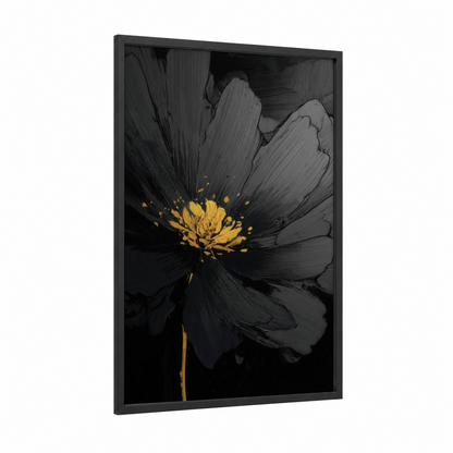 Golden Cosmos framed abstract flower print — black wood frame — black and white and gold palette