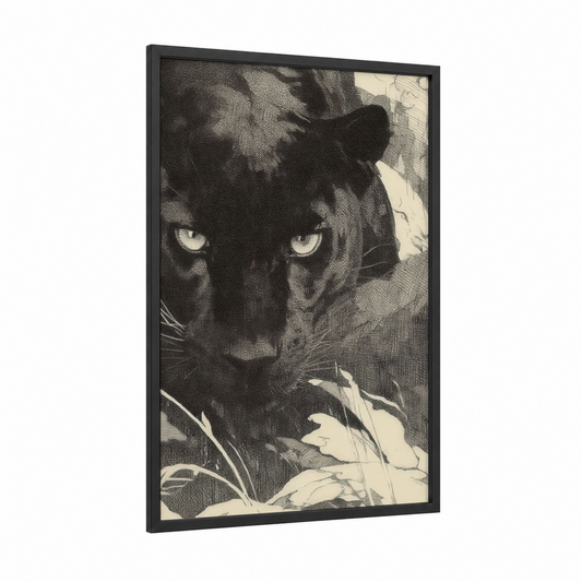 Emerald-Eyed Panther framed art print — black wood frame — black and white and cream palette