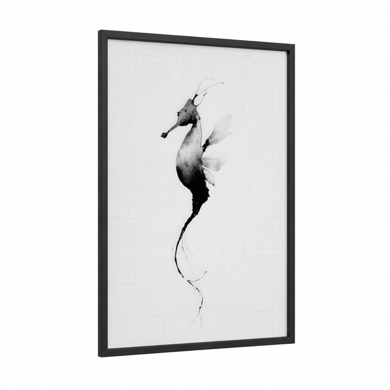 Graceful Seahorse framed sea horse print — black wood frame — black and white palette