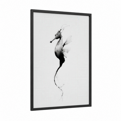 Graceful Seahorse framed sea horse print — black wood frame — black and white palette