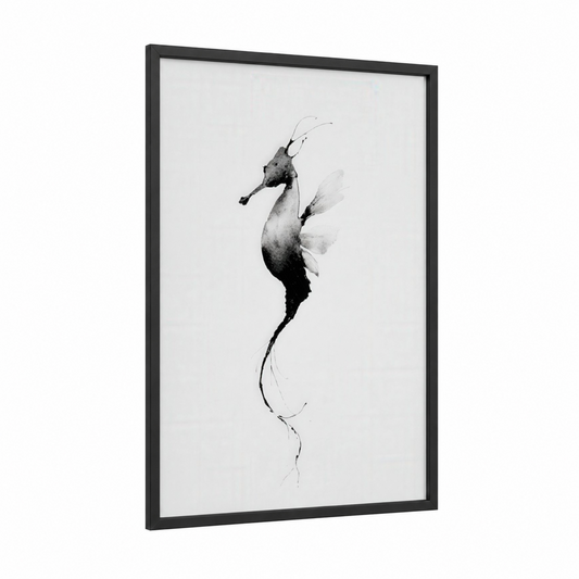 Graceful Seahorse framed sea horse print — black wood frame — black and white palette