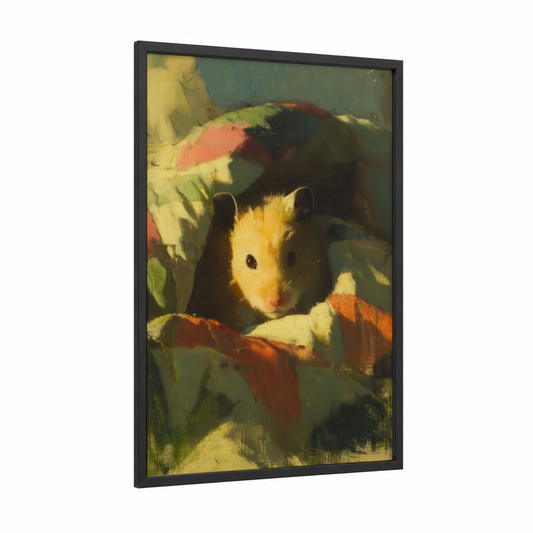 Golden Hamster Portrait framed art print — black wood frame — yellow gold and olive palette