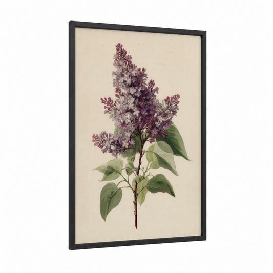 Purple Lilac Bouquet framed art print — black wood frame — lavender and sage green palette