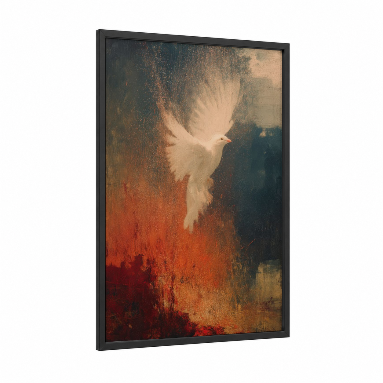 Peaceful Dove Rising framed art print — black wood frame — red and black palette