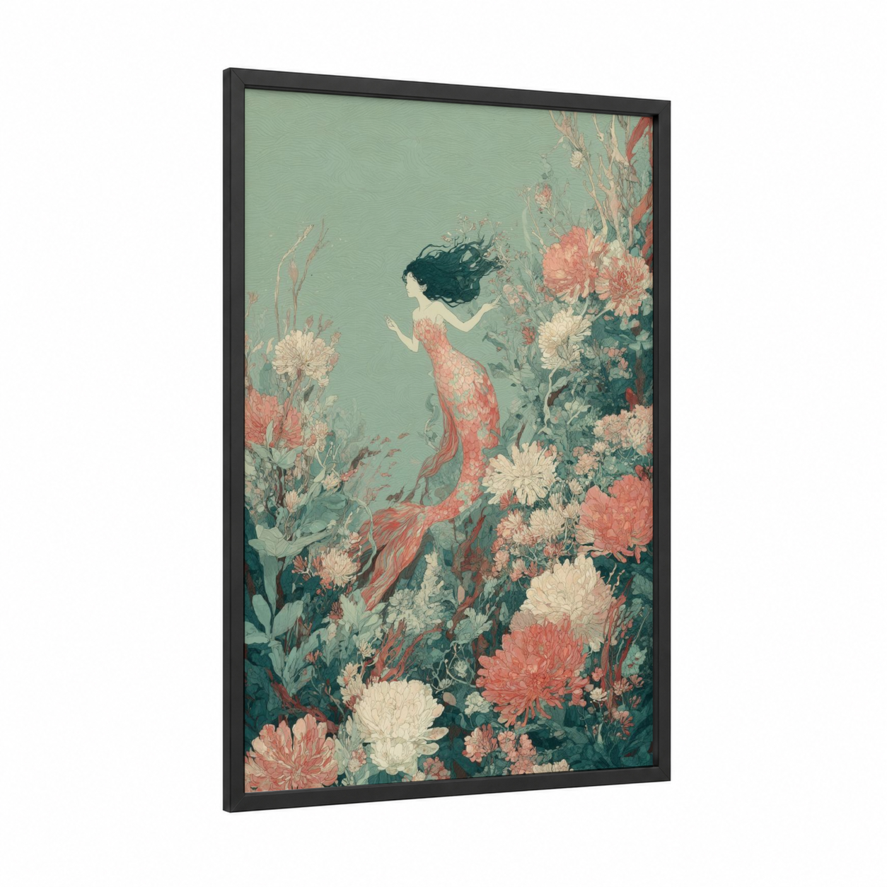 Coral Mermaid framed art print — black wood frame — sage green and salmon pink palette