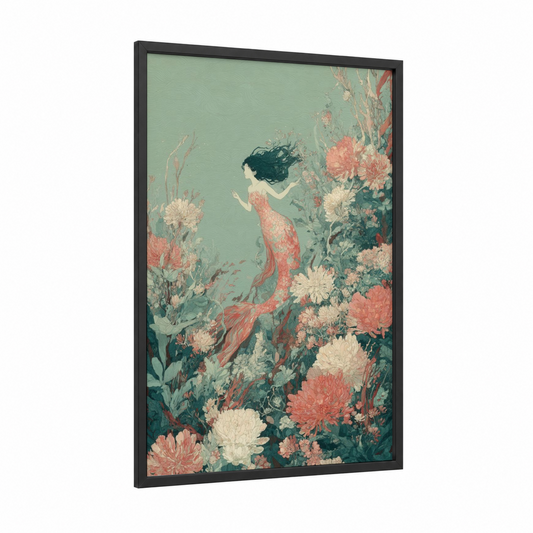 Coral Mermaid framed art print — black wood frame — sage green and salmon pink palette