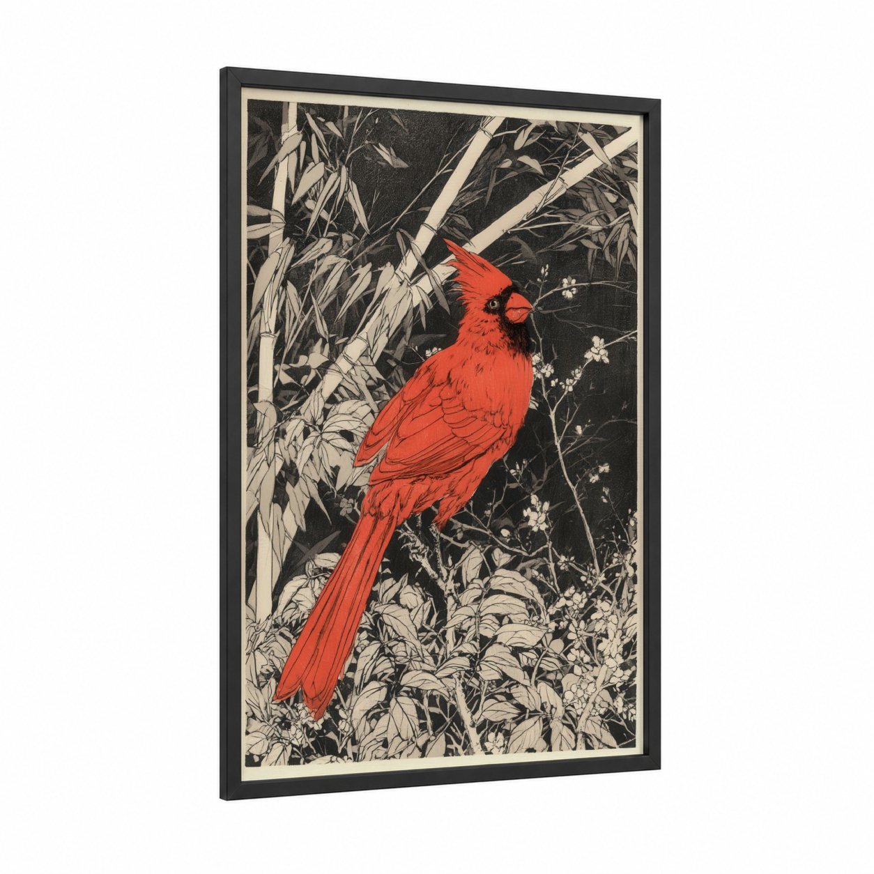 Crimson Cardinal Garden framed art print — black wood frame — red and black and white palette