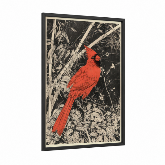 Crimson Cardinal Garden framed art print — black wood frame — red and black and white palette