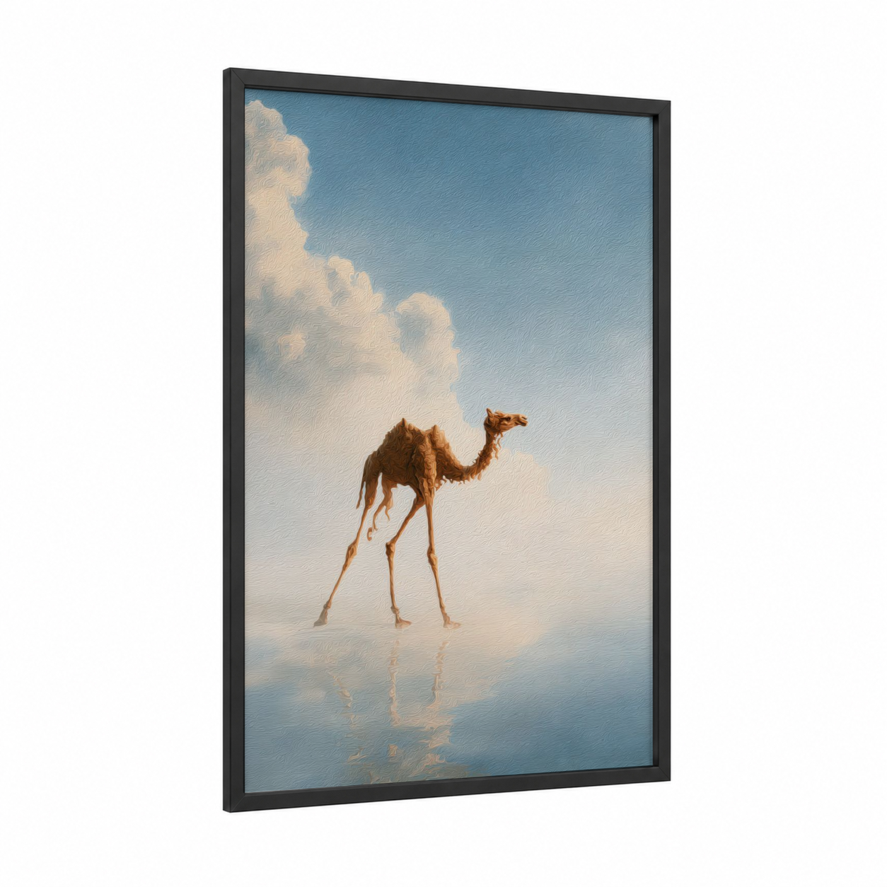 Desert Mirage Camel framed art print — black wood frame — blue and white and cream palette