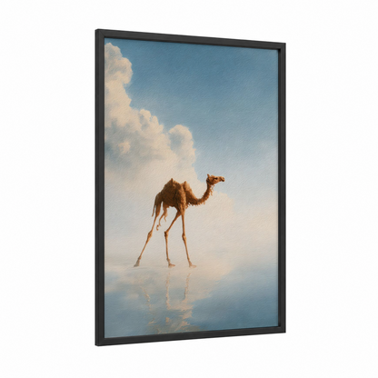 Desert Mirage Camel framed art print — black wood frame — blue and white and cream palette