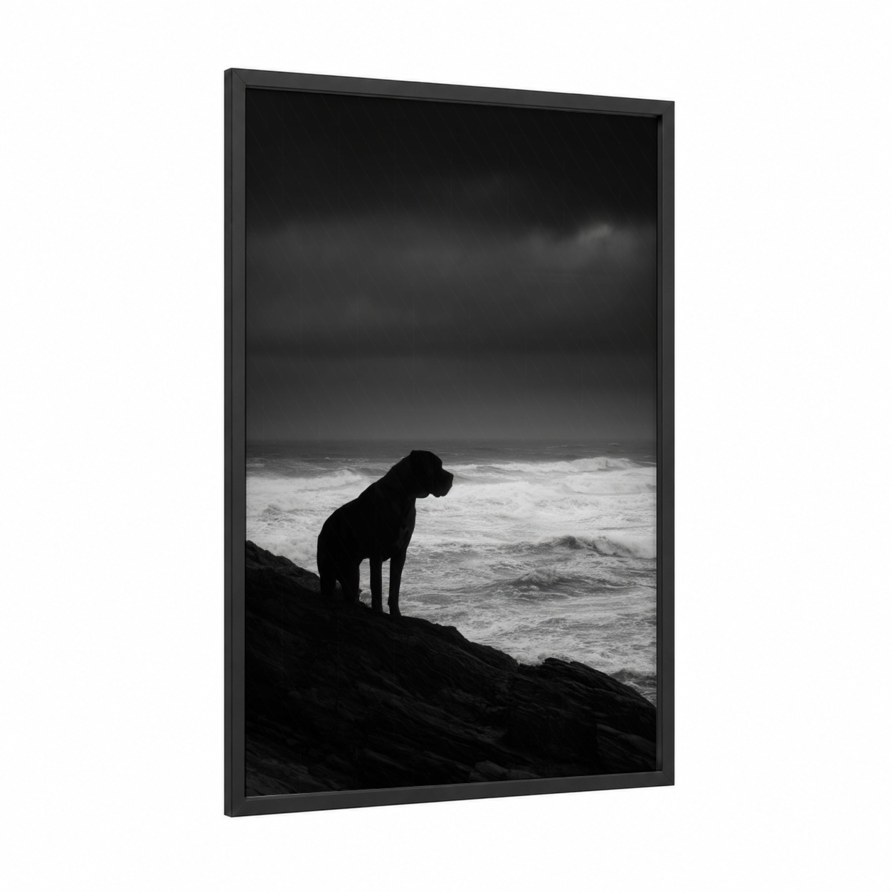 Coastal Mastiff framed art print — black wood frame — black and white palette