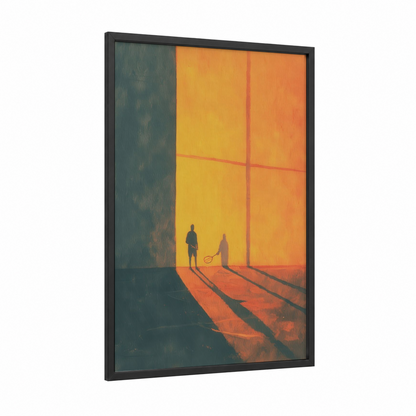 Golden Court Match framed racquetball print — black wood frame — gold and orange palette
