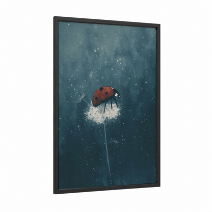 Dandelion Ladybug framed art print — black wood frame — teal and white palette