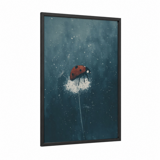 Dandelion Ladybug framed art print — black wood frame — teal and white palette