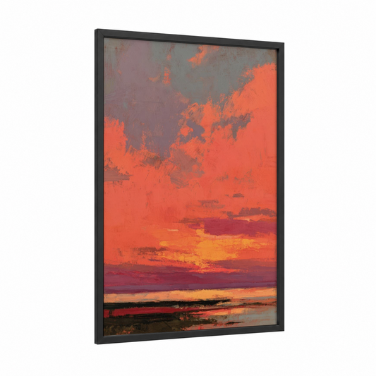 Fiery Summer Sunset framed art print — black wood frame — orange and red palette