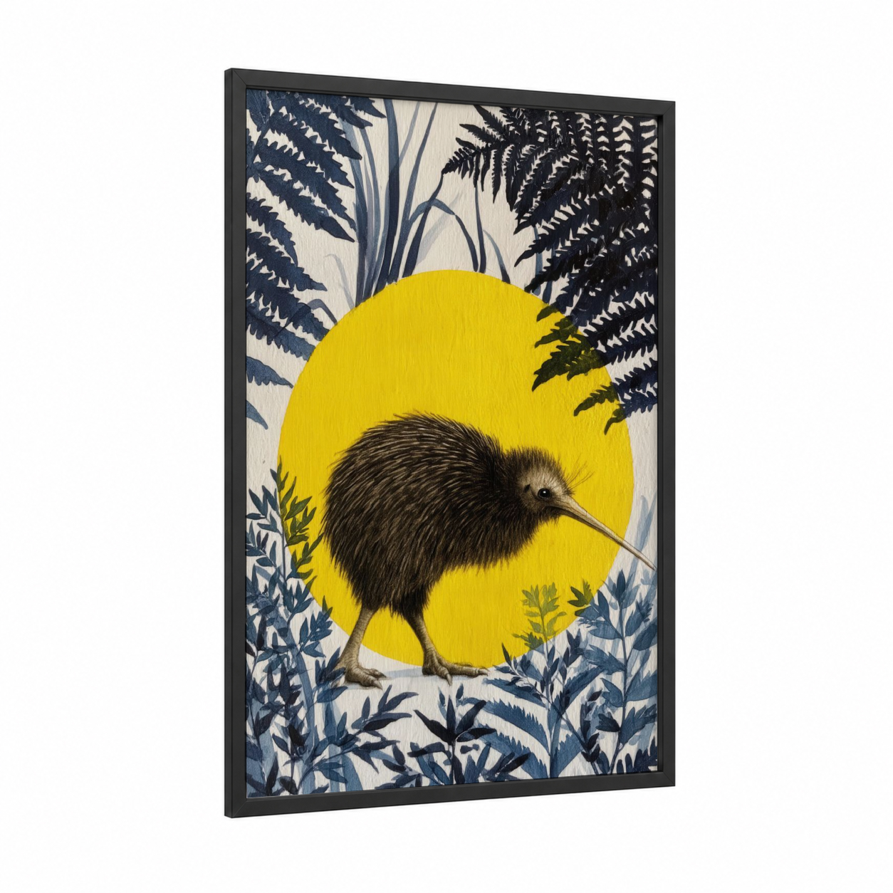 Golden Kiwi framed art print — black wood frame — yellow gold and black and white palette