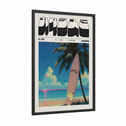Surfboard Beach Anime framed anime and manga print — black wood frame — blue and pink palette
