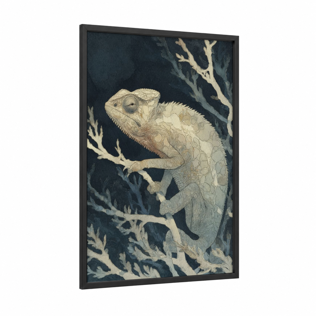 Cream Chameleon framed art print — black wood frame — cream and black palette