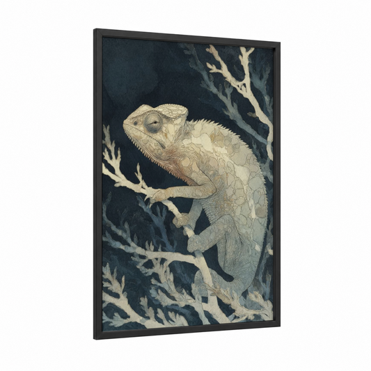 Cream Chameleon framed art print — black wood frame — cream and black palette