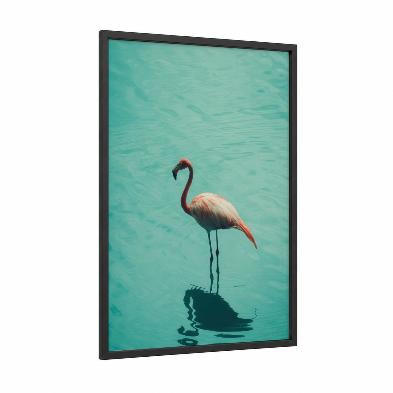 Turquoise Flamingo framed art print — black wood frame — turquoise and salmon pink palette