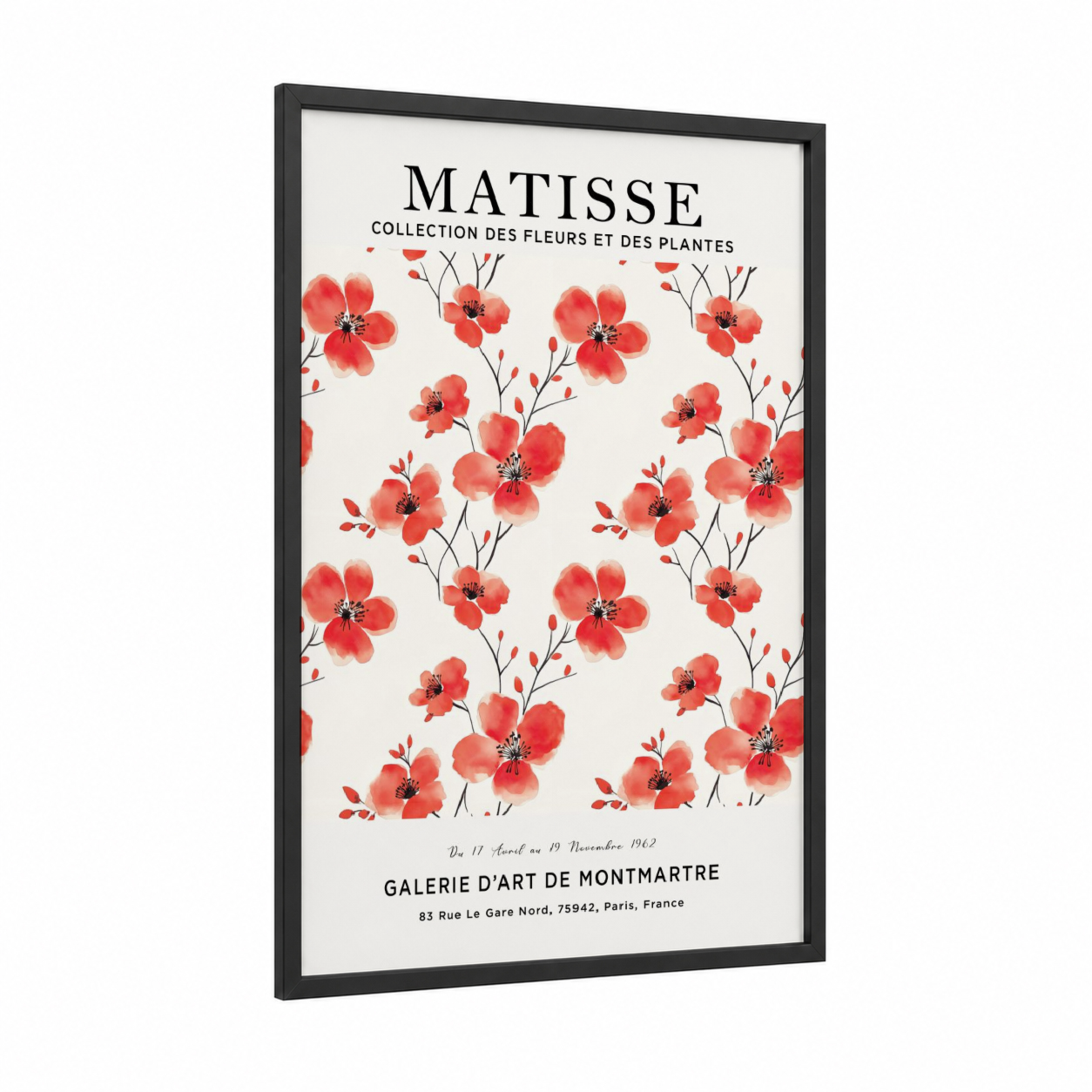 Matisse Poppies framed abstract flower print — black wood frame — salmon pink and white palette