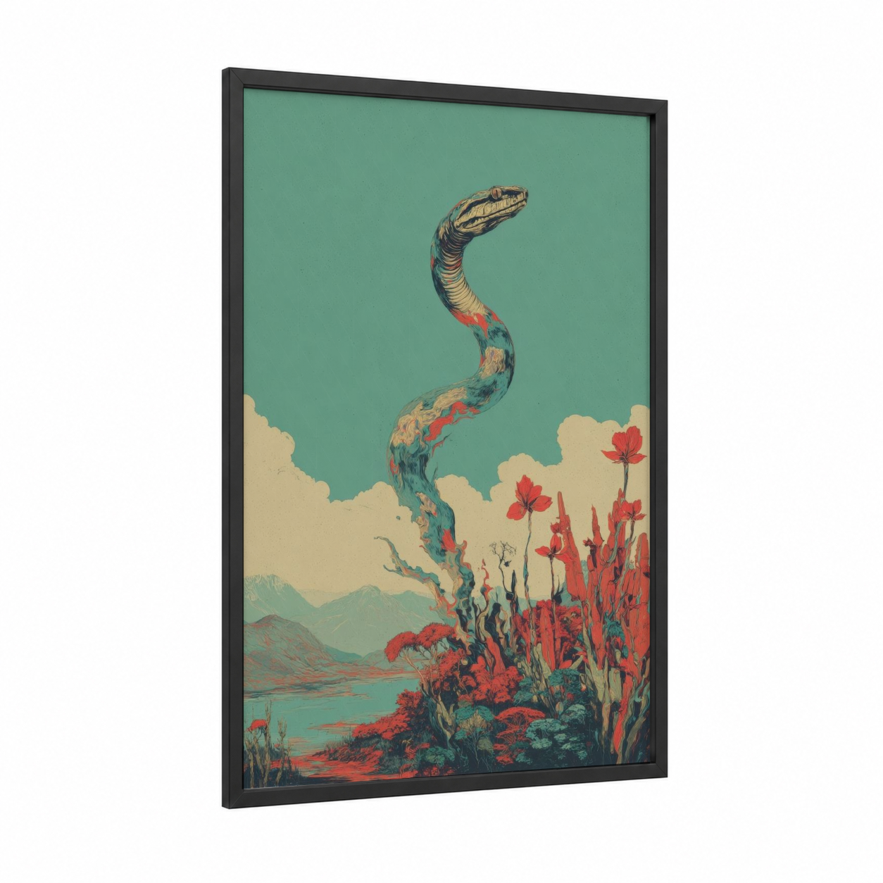 Serpent Sky Guardian framed boa constrictor print — black wood frame — turquoise and red palette